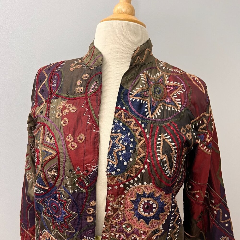 Chico's Jewel-Tone Silk Blend Patchwork Embroidered Jacket Sz XS